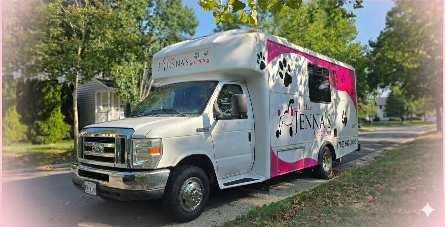 Little Jenna's branded mobile grooming van parked on a residential street