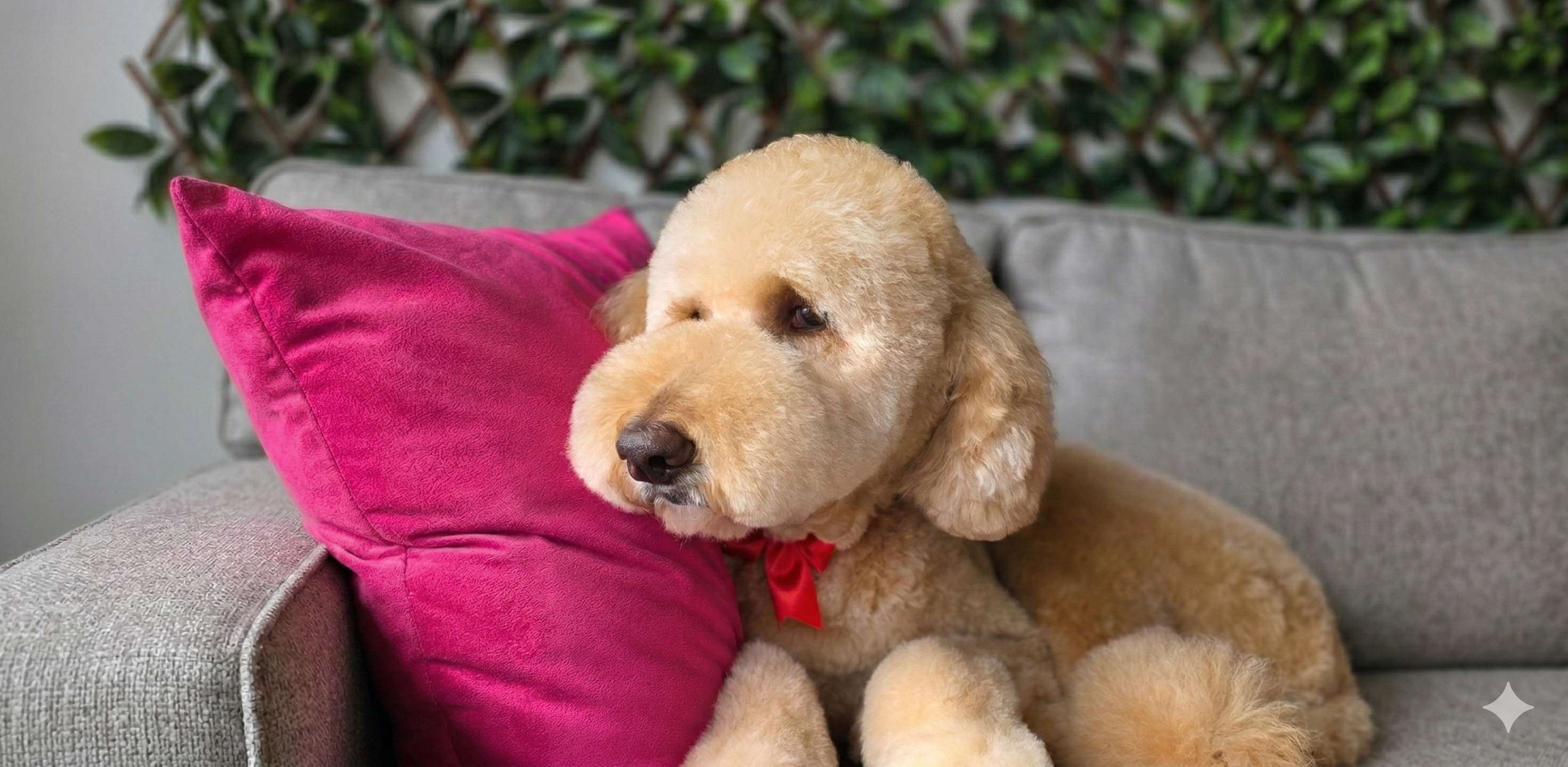 Beautifully groomed golden poodle with a red bow, relaxing on a couch