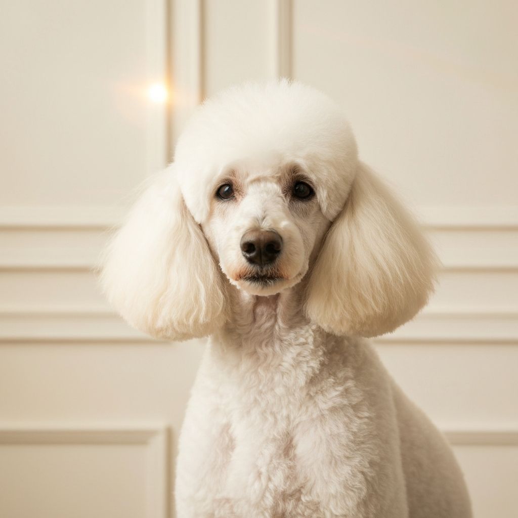 Beautifully groomed white Standard Poodle in a luxury salon setting